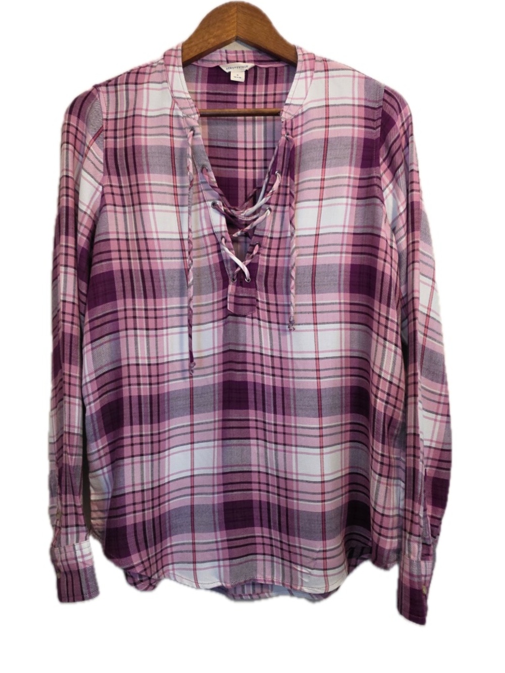 Aeropostale Blouse Womens M Pink Plaid Tunic V-Neck Lace-Up Tasseled Rayon